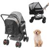 Pet Stroller, 4 Wheels Dog Stroller Rotate with Brakes, 44lbs Weight Capacity, Puppy Stroller with Reversible Handlebar, Storage Basket and Zipper