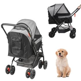 Pet Stroller, 4 Wheels Dog Stroller Rotate with Brakes, 44lbs Weight Capacity, Puppy Stroller with Reversible Handlebar, Storage Basket and Zipper