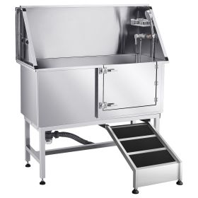 VEVOR Stainless Steel Dog Washing Station, 50 inch Pet Grooming Tub w/ Ramp, PE Water Filter Board (Ramp or Stairs/Door Opening Method: Ramp/Right)